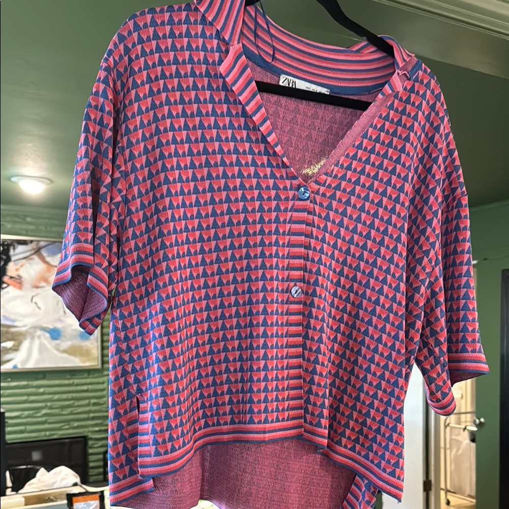 Zara Pink and Blue Button Down Shirt with Polo Collar and Boxy Fit